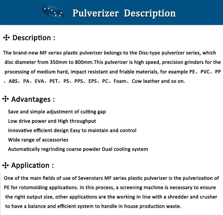 800 Model PVC Pulverizer Machine /Plastic Disc Flour Mill Machinery/Plastic Grinders