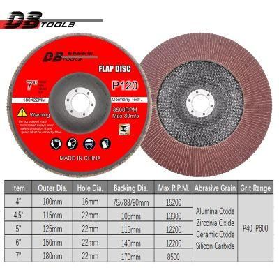7&quot; 180mm Abrasive Grinding Flap Disc 22mm Hole Alumina Oxide T27 for Iron Derusting P120