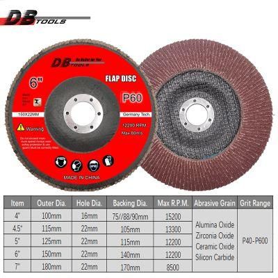 6 Inch 150mm Emery Cloth Flap Disc 22mm Hole Abrasive Tools Type 27 for Angle Grinder a/O Grit 60