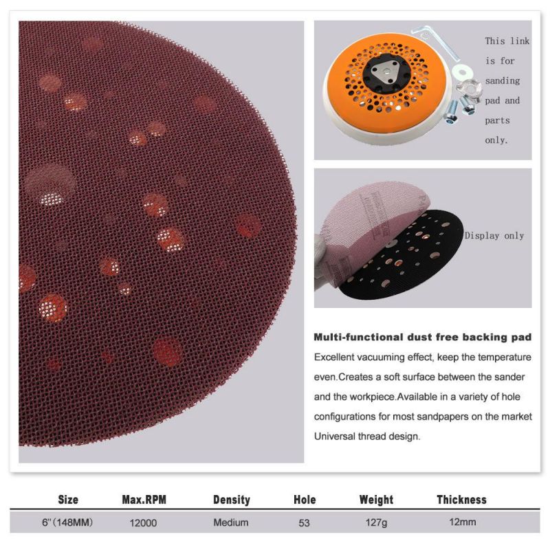6 Inch 150mm Multi-Functional Back-up Sanding Pad Dust Free Backing Pad 53-Hole Hook and Loop Power Tools Accessories